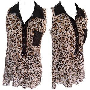 Happening in the Present-  Leopard Print Sleeveless Button Top w/ Black Trim (s)